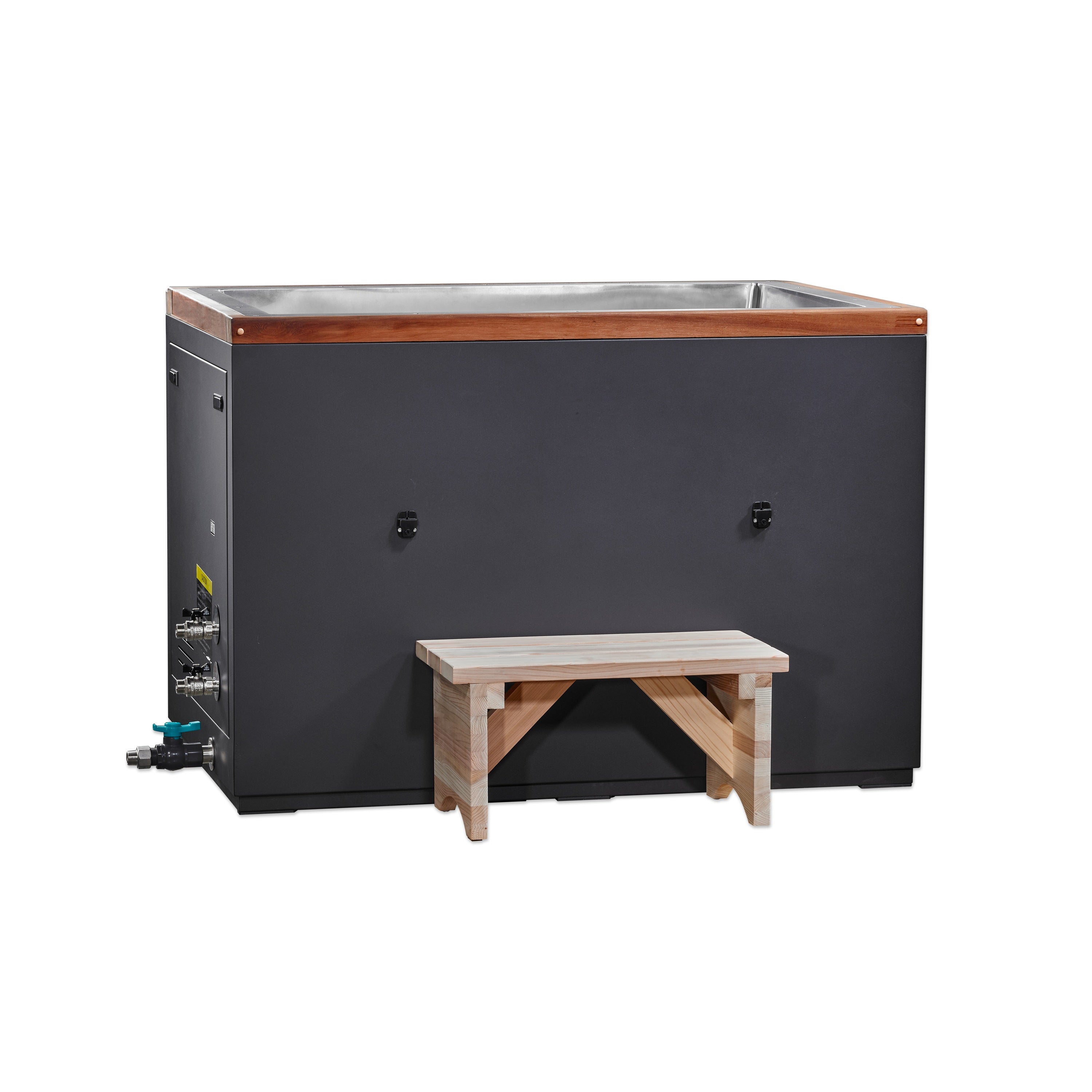 Cuboid 304 SS Cold Plunge Tub – Front with Step & Valves