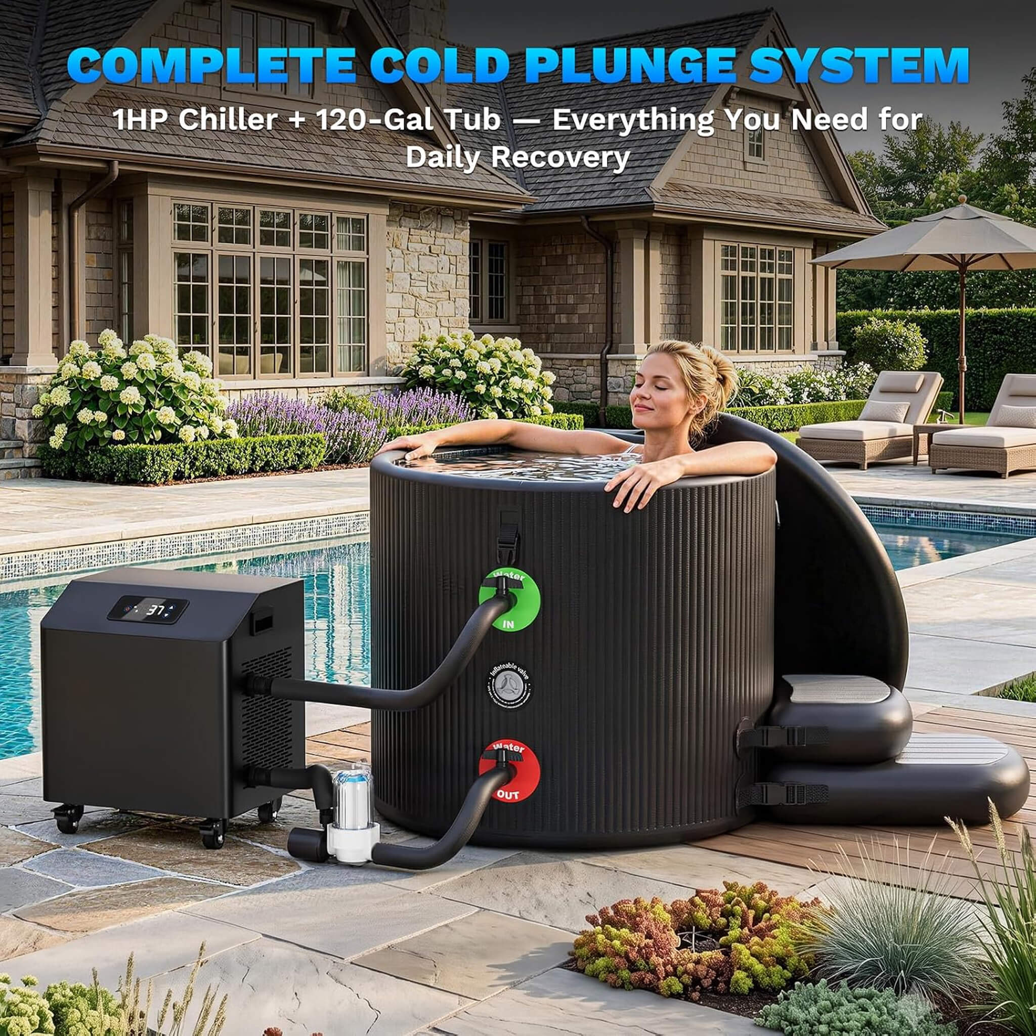 FCP Premium XL 120 Gal Cold Plunge Tub Kit With 1HP Chiller, Filter, And Pump (SAK92632)