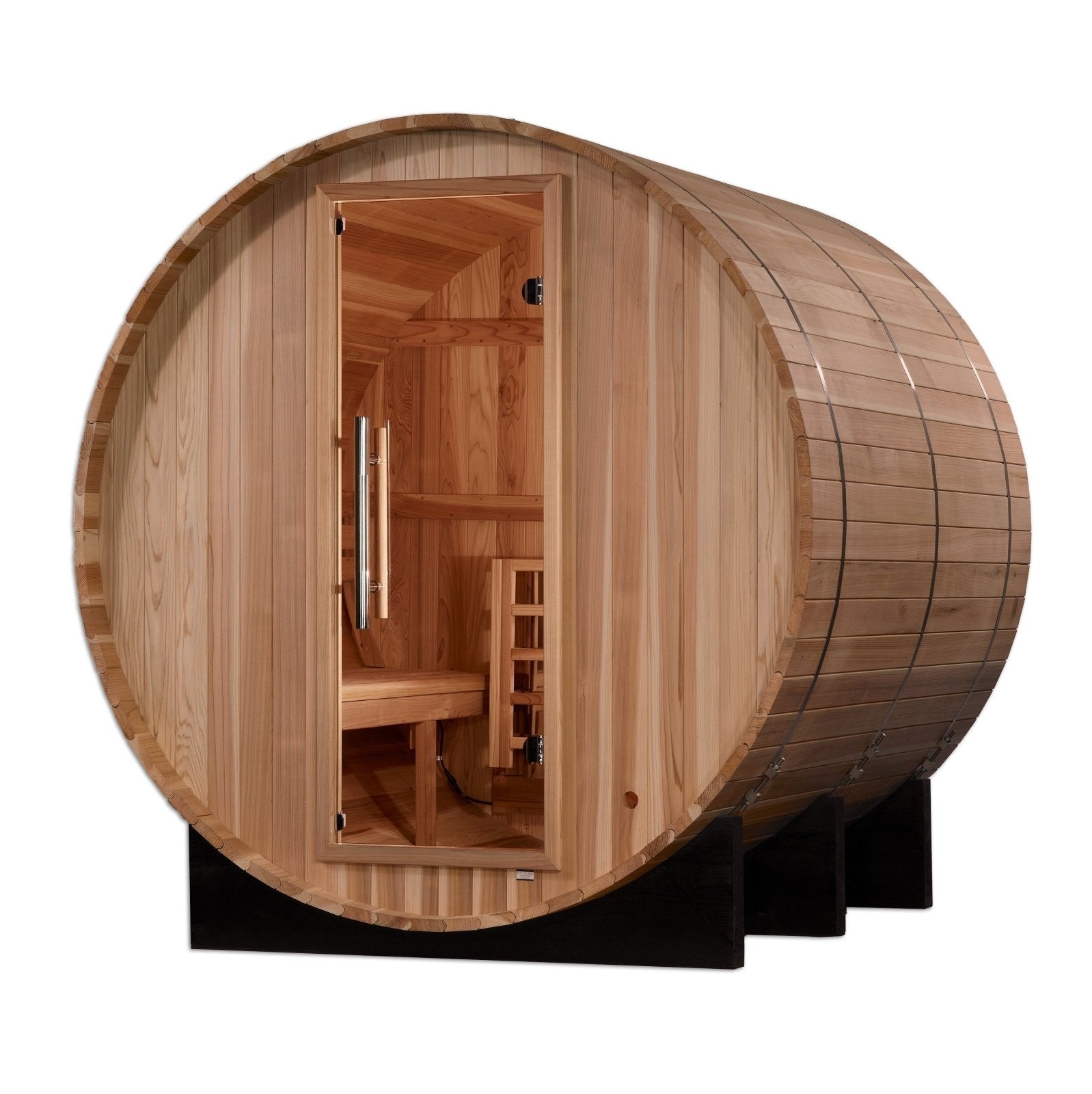 Golden Designs Arosa GDI-B004-01 4-Person Barrel Traditional Outdoor Sauna - Angle View