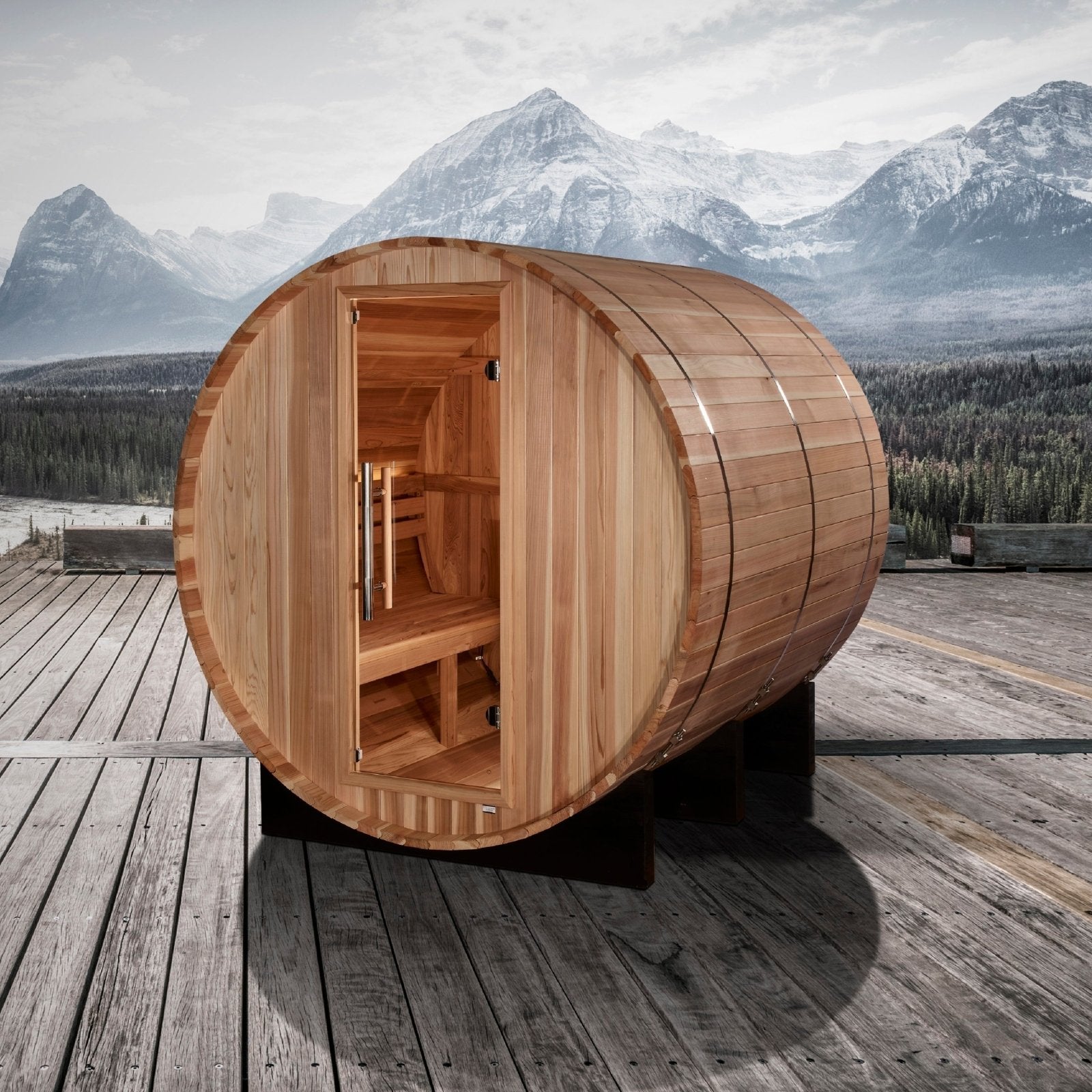 Golden Designs Arosa GDI-B004-01 4-Person Barrel Traditional Outdoor Sauna - Side View