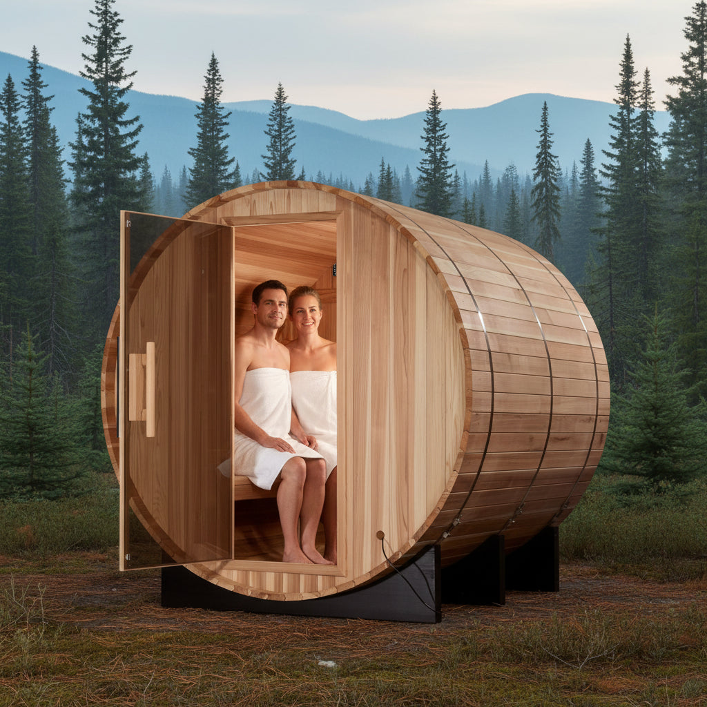 Golden Designs Arosa GDI-B004-01 4-Person Barrel Traditional Outdoor Sauna - Front View
