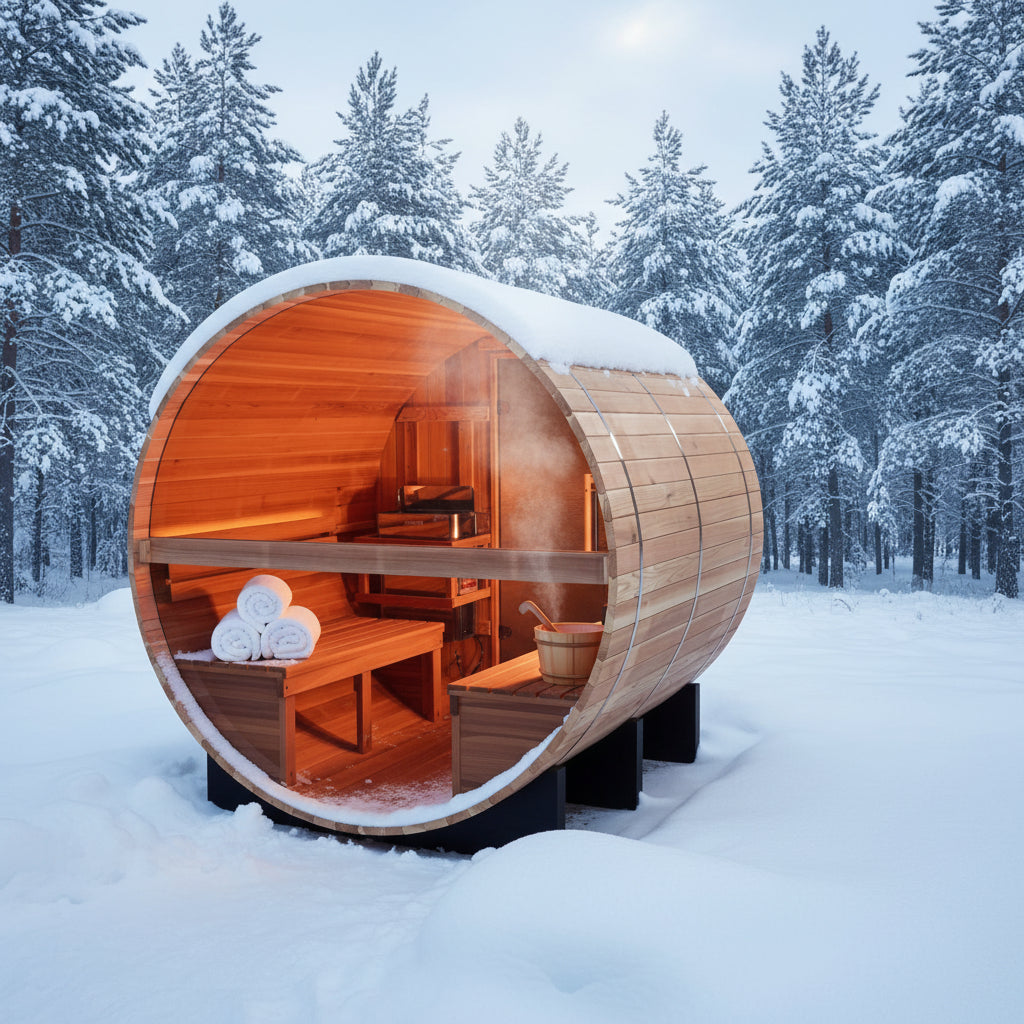 Golden Designs Zurich GDI-B024-01 4-Person Barrel Sauna with Bronze Privacy View - Front View