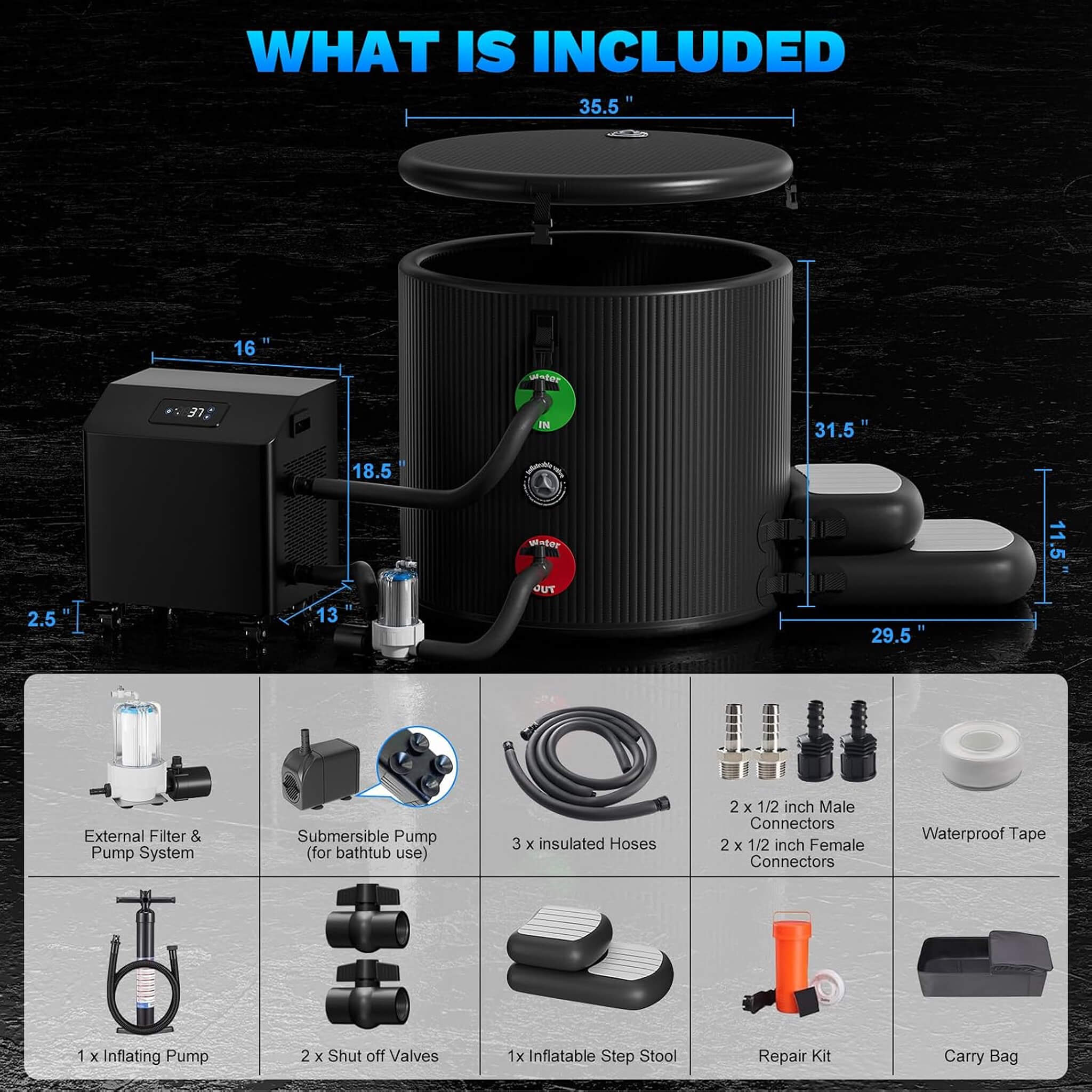 FCP Premium XL 120 Gal Cold Plunge Tub Kit With 1HP Chiller, Filter, And Pump (SAK92632)